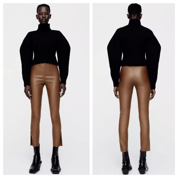 NWT Zara Camel Brown Faux Leather Ankle Pants - Picture 2 of 7